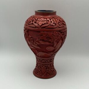 Vintage Chinese Carved Red Resin/Lacquer Vase / 5.25" / Landscape & Floral Motif